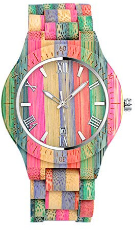 Unendlich U Regenbogen Holz Uhren Natürliche Hölzerne Uhren Für Damen Herren Casual Holzuhr Analog Kalender Quarzwerk Armbanduhr Buntenuhr mit Mischfarbe Bamboo Armband
