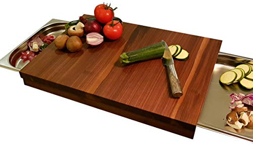 Schneidebrett NUSSBAUM Massivholz mit Edelstahlschubladen 53,7 x 37 x 7cm Holzbrett Servierbrett Küche Käsebrett Schneidebrett Brotschneidebrett Küchenbrett(53,7 x 37 x 7cm mit Zwei 1/2 GN-Behältern)