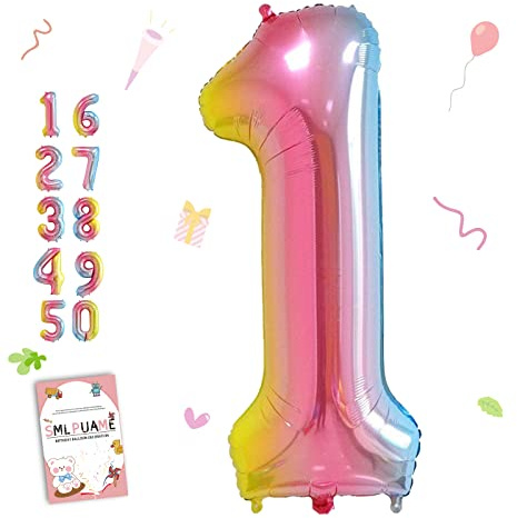 Smlpuame Rainbow Number 1 Balloons, 40 Inch Gradient Birthday Foil Balloon for Boys Girls, Self Inflating Helium Mylar Balloons 0-9 for Women Anniversary Party Celebration Decorations Supplies