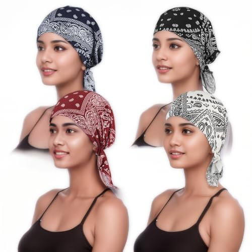 YUWJOOWEE 4 Stück Vorgebundenes Chemo-Kopftuch Beanie, Frauen Undercap Hijab, Drucken Kopfbedeckung Kopftuch Schal, Islamische Muslimische Turban Kopfbedeckung, Chemo Kopftücher für Damen
