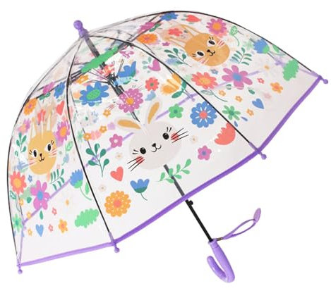 ThreeH Mädchen Regenschirm mit leicht zu greifendem gebogenem Griff Transparenter Kuppel-Regenschirm mit niedlicher Cartoon-Katze,Lila