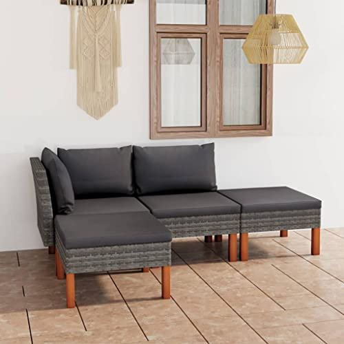 AUVYI Juego de 4 sillas de jardín con cojines de polirratán gris, 60,5 x 64,5 x 67 cm, grupo de bancos de esquina, muebles de jardín, tumbona, silla de balcón, cojín de respaldo, sofá, salón, sillón,