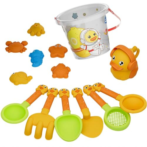 PORUPAEL 14Pcs Outdoor Beach & Garden Tool Set, Plastic Sand Shovels, Rakes, Bucket, Watering Can & Molds, Multi-functional Outdoor Tools for Beach, Yard and Courtyard Use
