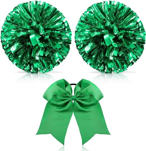 Theaque Cheerleader-Pompons und große Cheerleader-Haarschleife für Mädchen, metallische Cheerleader-Pompons für Teenager, Tanz, 3 Stück (grün)