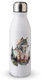 MAXIKIWI - Single Wall Water Drinking Bottle with Screw Cap, Non Insulated Lightweight Aluminium, BPA Free, Leak-Proof - Wolf Wall Art Watercolor - 500ml