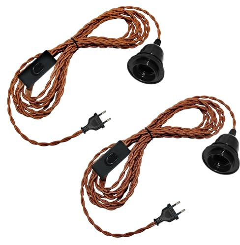 2 Stück Hängelampe mit Stecker, Lampenfassung E27 mit 510CM Braun Kabel und Schalter, Pendelleuchte mit Stecker, Lampenkabel mit Fassung, Hängeleuchte Steckdose, DIY Tischleuchten Bodenleuchten