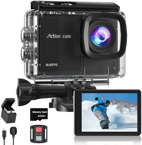 Camlance Caméra Sport 4K 60FPS avec Micro SD 64GB,8X Zoom 131ft Caméras Étanche,48MP Caméra d'action EIS,170° Camérasous-Marine Télécommande WiFi 2 * 1350 mAh Divers Accessoires