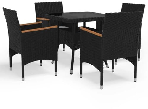 KATERYY 5-TLG. Garten-Essgruppe Poly Rattan und Hartglas Schwarz,Gartengarnitur Polyrattan Schwarz Gartenstühle & Tisch Essgruppe Balkon Terrasse