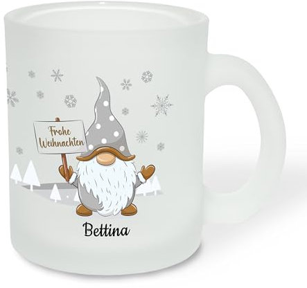 True Statements Geschenk für Glühwein-Fans: Glastasse „Frohe Weihnachten“ personalisiert mit Namen - Wichtel-Motiv - Geschenkidee zur Adventszeit & Weihnachtszeit - satiniert, ca. 300ml