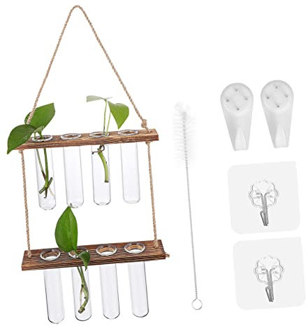 POPETPOP Wandhängende Hydroponik Pflanzenstation Holzständer Mit Glas Reagenzgläsern Und Reinigungspinsel Für Wasserkultur Pothos Zimmerpflanzen Büro Zuhause Dekoration