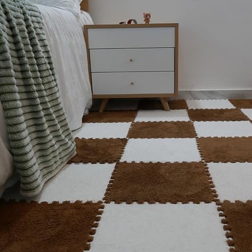 LXXW Plush Floor Tiles Mat 10 Plush Puzzle Foam Floor Mats, Square Interlocking Foam Rugs For Home Floor Decoration Interlocking carpet tiles(Coffee+white)