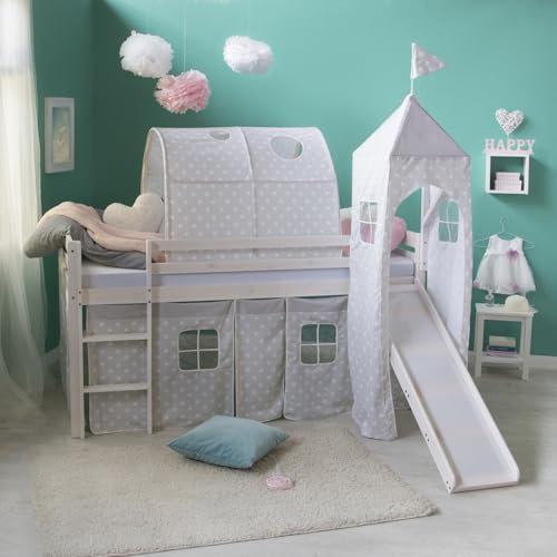 Homestyle4u Lit mezzanine, 90 x 200 cm, blanc, avec sommier à lattes, matelas, rideau, tunnel, toboggan, tour et protection anti-chute en bois massif