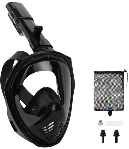 AOOSA Snorkelmask Helmask, 180° Panoramautsikt Anti-Im & Anti-Läckage Snorkelmask Vuxen med Avtagbart Kamerafäste, Fri Andning Torr Topp Hopfällbar Snorkelset för Vuxna Ungdom-Svart - S/M