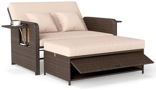 COSTWAY Lounge Möbel Outdoor, Gartensofa mit Liegefunktion | Gartenlounge mit Kissen & Seitenablagen, Rattan Lounge Sofa, Loungebett, Doppelliege 2 Personen, Balkonmöbel Kleiner Balkon