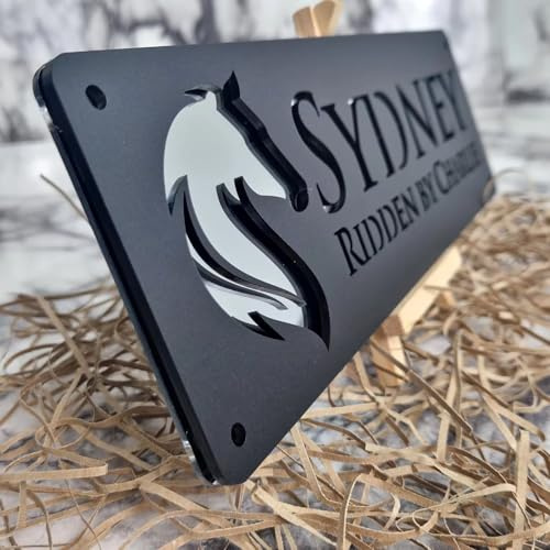 Personalisiertes Pferdestall Namensschild, Pferdenamensschild, Personalisiertes Pferdestall Acrylschild For Bauernhof Scheunenschild, Personalisiertes Outdoor Pferdename/Nummer Türschild(Black Silve