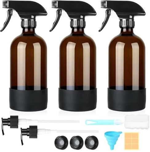 Furuising 3 Piezas Botella Spray Pulverizadors, 480ml/16oz, Spray Bottle Cristal con Rociador Ajustable, Bomba, Tapas, Funda, Embudos, Cepillos y Etiquetas para Limpieza, Hogar, Plantas, Peluquería