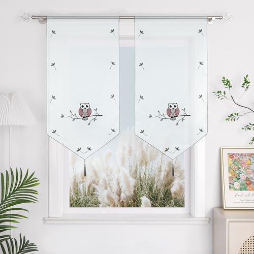 Yujiao Mao Brise-bise 1 pièce Transparent à Passer sur Tringle Blanc Court Rideau Motif brodé Chouette Gris LxH 40x60cm
