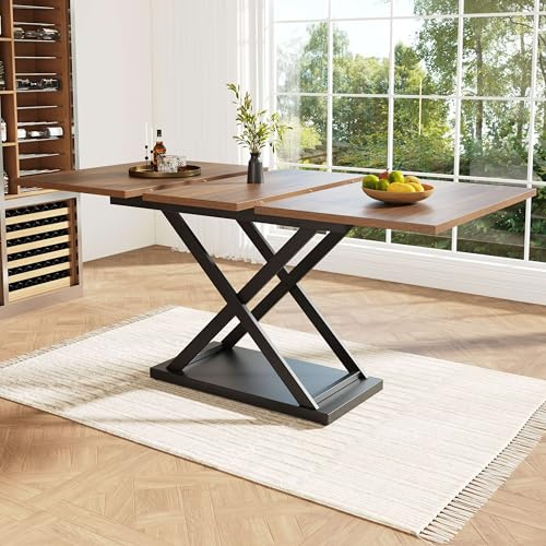 Lahoomu Ausziehbarer Esstisch Teleskoptisch(120-160×80cm),Platzsparender Küchentisch, Schwarz gekreuzte Eisenbeine,für Küche und Wohnzimmer, Walnussfarbener