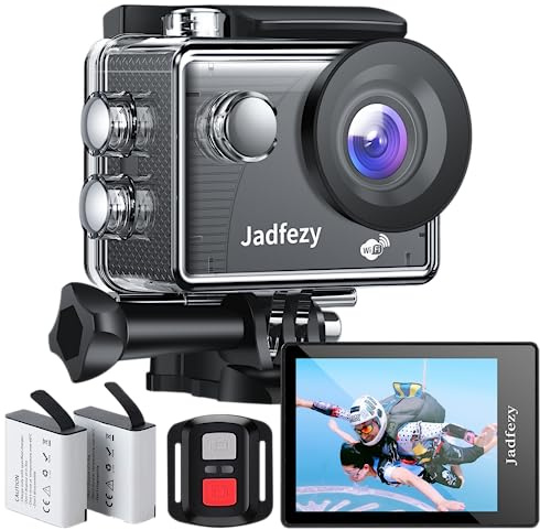 Jadfezy WiFi Action Cam HD 1080P, 12MP Action Kamera mit Fernbedienung, Unterwasserkamera wasserdicht bis 30m/98FT mit 2×1050 mAh Batterien und Zubehör Kit für Helm und Fahrrad usw.