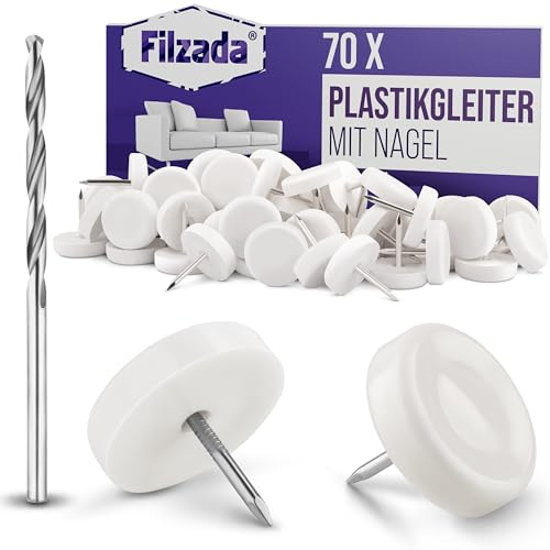 Filzada® 70x Möbelgleiter Kunststoff D20mm Nagel - Kunststoffgleiter Set | Gleiter für Gartenstühle mit Nagel - Stuhlbeingleiter Kunststoff Terrasse, Teppich - Möbelgleiter Außenbereich - hygienisch