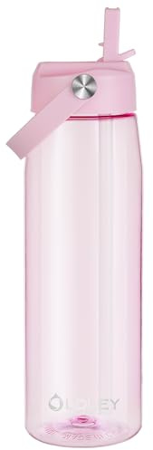 OLDLEY 1000ml/32oz Water Bottle with Straw Tritan 1 Litre Clear Drinks Bottle with Handle BPA Free Leakproof Reusable Large Sports Bottle for Gym, School, Cycling (Pink)