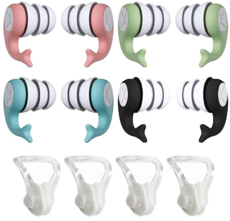 4 Pieces of Dolphin Earplugs with Box, 4 Pieces of Nose Clips, Waterproof Swimming Earplugs, Noise-Reducing Sleep Silicone Earplugs, Swimming Training Supplies.