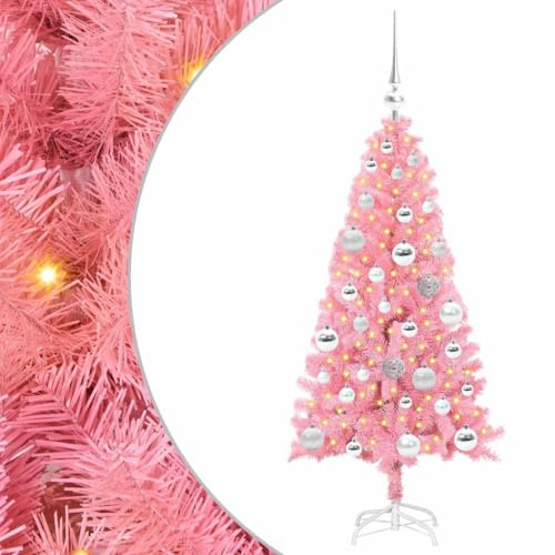 vidaXL Árbol de Navidad con 150 LED con Soporte Rosa 120 cm PVC, Sala de Estar, árbol de Navidad Moderno, decoración Festiva, Luces LED cálidas, exhibición Interior