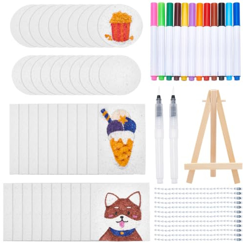 OLYCRAFT 3D Magic Foam Texture Painting Kit Einschließlich 50 Stück Schwammpapier 1 Stück Faltbarer Holzstaffelei 2 Stück Pinseln 12 Stück Aquarellstiften Und 40 Stück Kugelketten