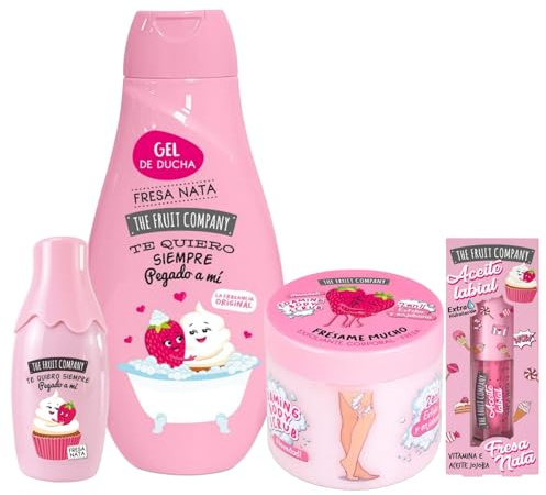Pack Completo de Belleza The Fruit Company con Fresa y Nata: Champú Hidratante,Brillo Labial, Colonia Refrescante y Exfoliante Natural - Regalo con el Dulce Encanto de la Fresa y Nata.