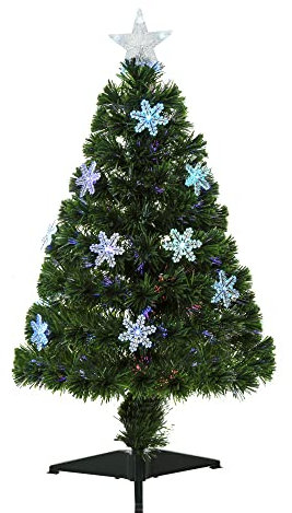 HOMCOM 3FT Green Fibre Optic Artificial Christmas Tree Xmas Colourful LED Scattered Tree with Snowflakes Ornaments Fireproofing