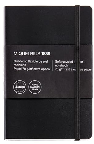 Miquelrius - Cuaderno flexible con índice alfabético, Compacto de piel reciclada (104 x 150 mm), 300 hojas, Papel cuadriculado 5 mm, Con goma elástica, Fabricado en España, Color negro