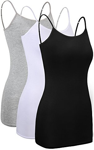 3 Pieces Women Basic Long Tanks Adjustable Spaghetti Strap Camisole Top (Grey, White and Black,Large)
