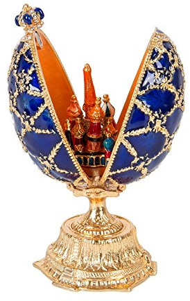 QIFU Hand Painted Enameled Blue Easter Egg Style Decorative Hinged Enamel Trinket Box