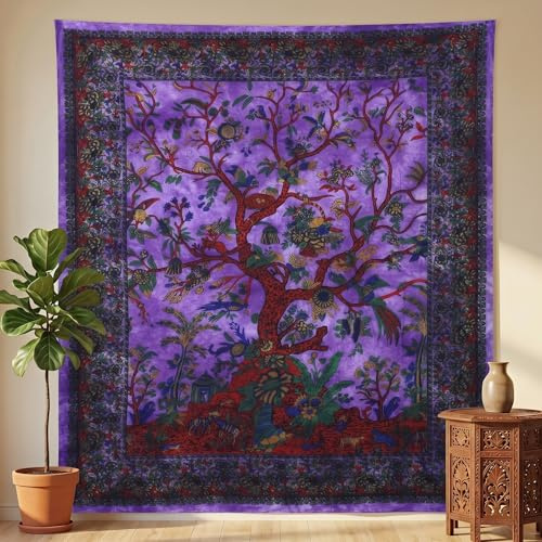 THE ART BOX Tapestry Purple Tree of Life Wall Hanging – Indian Cotton Twin Bedspread, Picnic Sheet, Wall Decor, Blanket, Wall Art for Bedroom (Twin, 82x54 Inch)