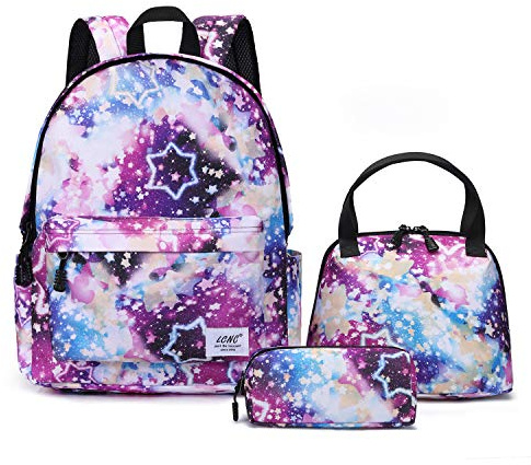 LCNC School bags Set for Girls Boys,Galaxy Water Resistant Durable Casual Basic Backpack with lunch bag & pencil case for Students