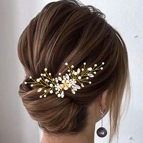 Fairvir Brud bröllop hårnålar silver glittrande strass blomma hårnål pärla brud hårtillbehör för kvinnor och flickor (guld)