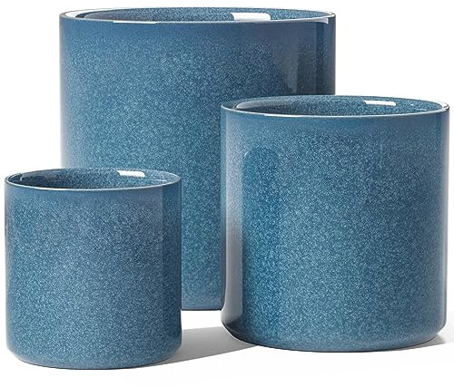 LE TAUCI 15+20+25 cm Plant Pots Set, Ceramic Planters for Indoor Plants, Mid-Century Modern Planter Pots with Drainage Hole, Silicone Plug & Mesh Pad, Set of 3, Harbor Blue