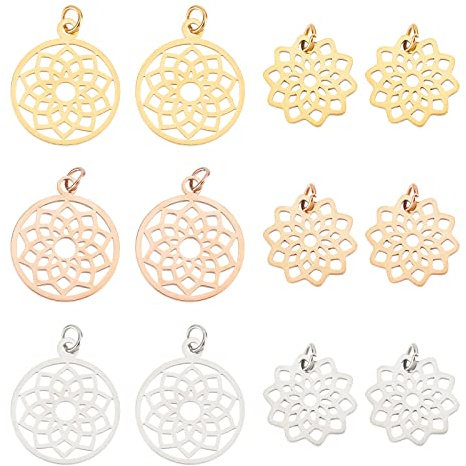 DICOSMETIC Filigrane Anhänger Chakra-Hohlanhänger Aus 304 Edelstahl Flache Blume Charms Blume Des Lebens Charms Geometrie-Anhänger Gold Silber Schmuckzubehör Für Die Schmuckherstellung