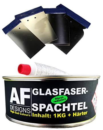 Alex Flittner Designs GFK Glasfaserspachtel 1 kg & Härter + 4x Japan | Hochwertiger Profi GLASFASER Spachtel + 4er Pack Metallspachteln Japanspachteln