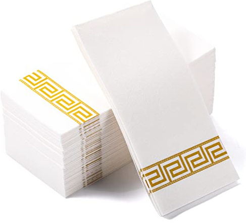 MORGIANA Paquete de 100 Servilletas Doradas con Tacto de Lino Toallas de Mano Desechables Toallas de Invitados Doradas y Blancas para Navidad Baño Boda Fiesta de Hote