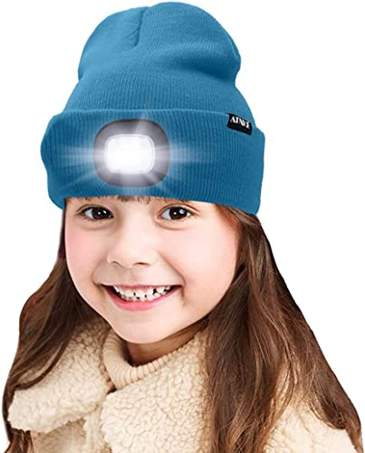 ATNKE Niños LED Gorro con luz, Recargable por USB 4 Faros LED Impermeables Calentadores de Invierno Sombreros niños y niñas/Peacock Blue