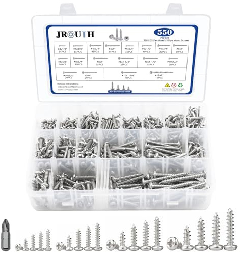 JROUTH 550Pcs Stainless Steel Wood Screws Assortment Kit, Philips Pan Head Sheet Metal Screws Self Tapping Screws, #4,#6,#8,#10,#12, Length 1/4 to 2 - Silver