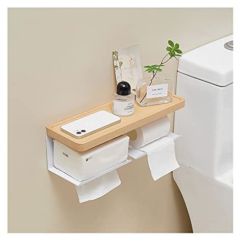 SWHC Toilettenpapierhalter Bambus, Klopapierhalter mit Ablage, Toilettenpapierhalter Ohne Bohren Selbstklebend, Multifunktionale Badezimmer Deko, für WC Bad Kitchen