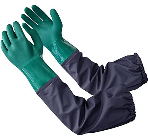 Coopache 1 Paar Teichhandschuhe Lang Wasserdicht, 64 CM Arbeitshandschuhe Fischerhandschuhe Wiederverwendbar für Aquarium Teich Handschuhe Damen und Herren, Grün & Blau (Large)
