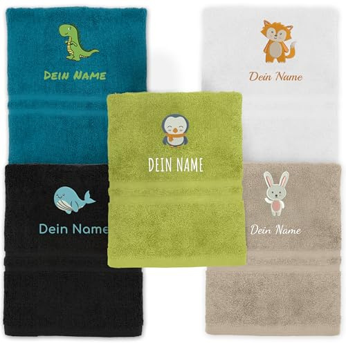 my STITCHERY Kinderhandtuch mit Namen Bestickt, Oeko-TEX® Standard 100 - Personalisiertes Handtuch für Kinder aus nachhaltiger Baumwolle mit gesticktem Namen und Motiv (70 x 140 cm, Weiß)