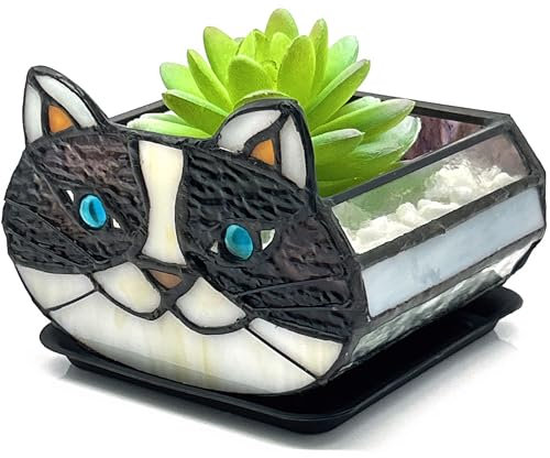 Entlityful Maceta de cactus para gatos negros, bonita maceta pequeña de vidrieras para gatos, maceta de terrario para plantas de interior de mesa, regalos para amantes de los gatos, 4.3 x 3.5 x 2.95