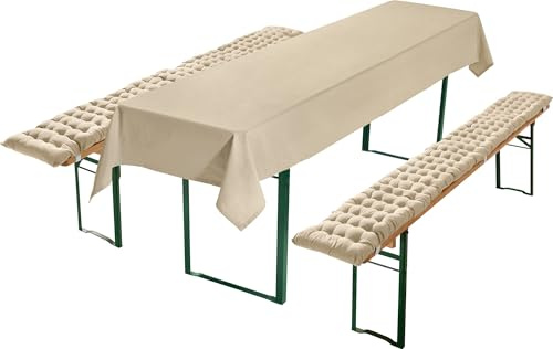 REDBEST Bierbank-Auflagen und Tischdecke 3-teilig beige Größe 90x260 cm - strapazierstark und langlebig, bequemer Sitzkomfort, mit elastischen Bändern