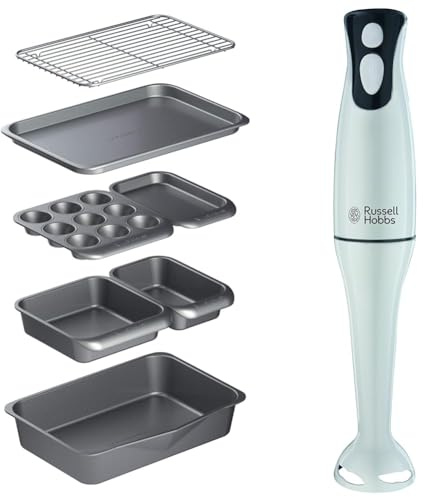 MasterClass Smart Space Stacking Non-Stick Bakeware Set, 7 Piece Baking Trays, Gift Boxed & Russell Hobbs Food Collection Electric Hand Blender, 2 Speeds and Pulse Technology
