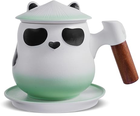 ZENS Tea Infuser Mug with Lid for Loose Leaf Tea, 330ml Tea Cup White | Cute Ceramic Tea Strainers for Loose Tea Diffusers, Wood Handle Mug for Heabal Tea Lovers Gifts, Green