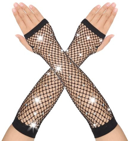 PEUTIER Lange Fingerlose Netzhandschuhe, Lange Netzhandschuhe Strass Netz Armstulpen Schwarze Mesh Strass Handschuhe 80er Jahre Kostümzubehör für Damen Mädchen Party Cosplay Abschlussb